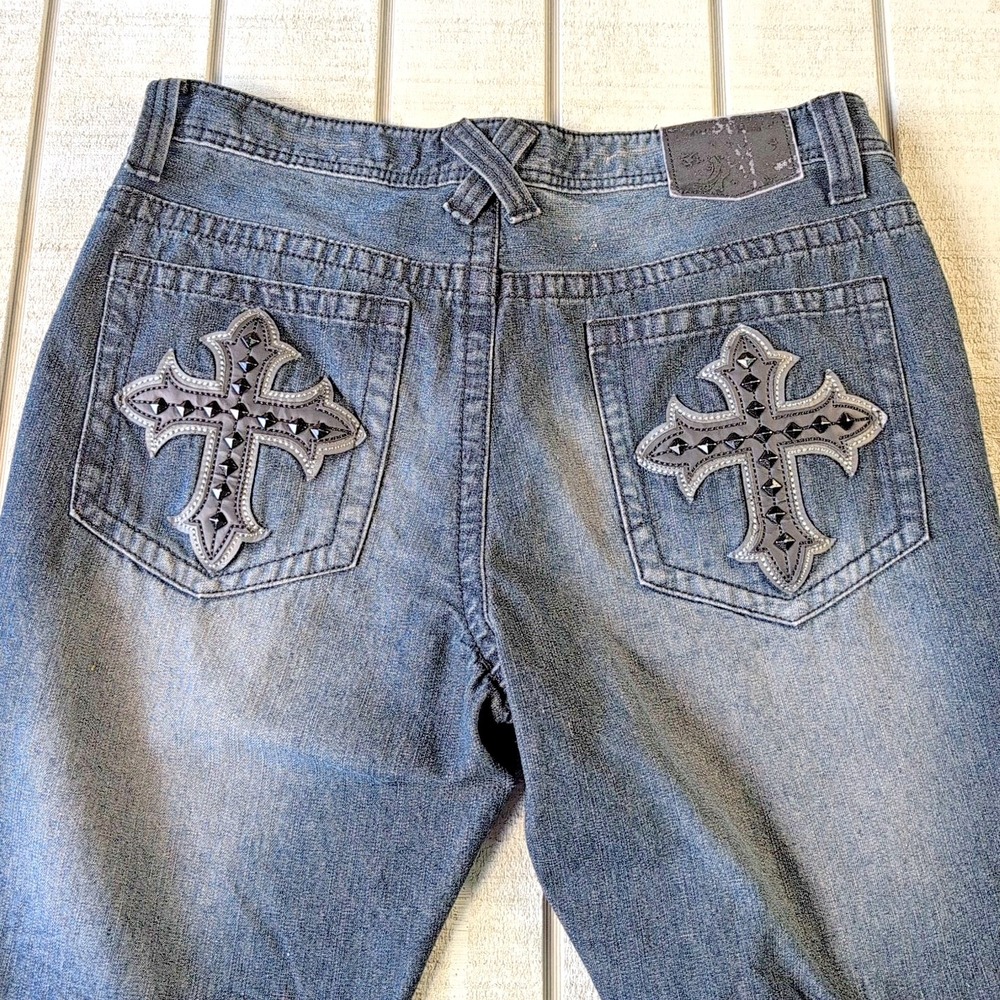 VTG Extreme Couture Mens Jeans 34x30 Blue Denim Studded Cross Designer‎ - Pants - Picture 9 of 11